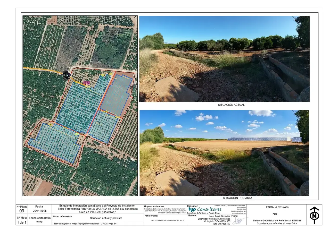 Comparación entre la situación actual y la prevista. Planta solar MSP20 La Masada