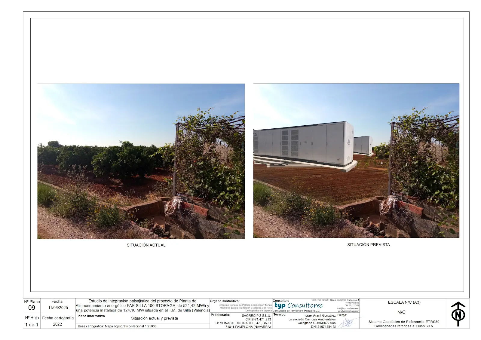 Plano comparativo de la situación actual y prevista de la planta de almacenamiento energético de Silla