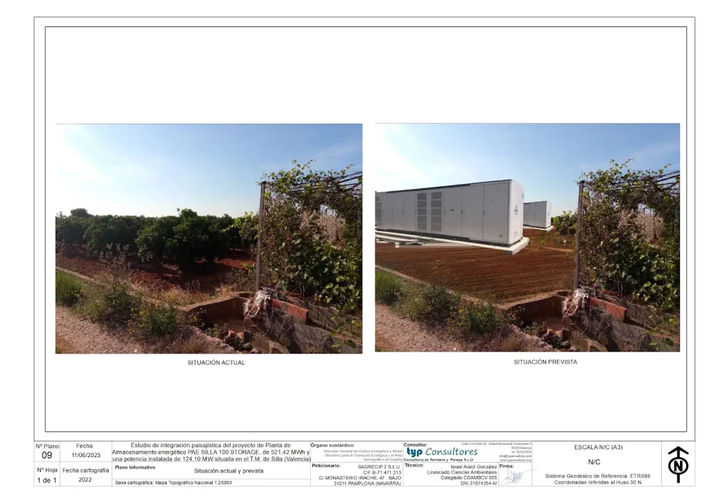 Plano comparativo de la situación actual y prevista de la planta de almacenamiento energético de Silla